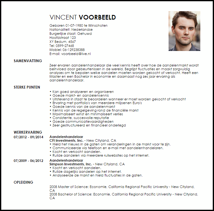 aandelenhandelaar voorbeeld cv