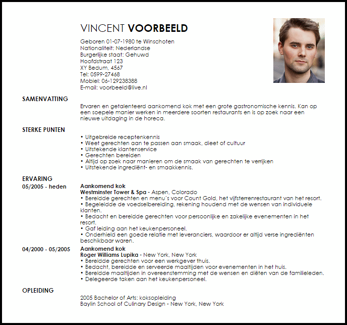 aankomend kok voorbeeld cv