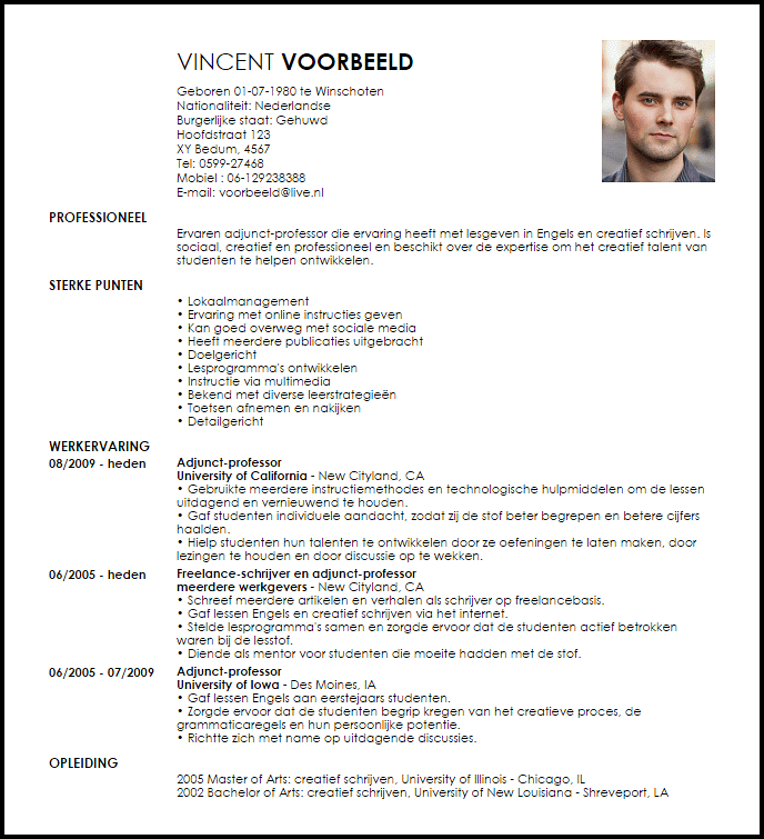 adjunct professor voorbeeld cv