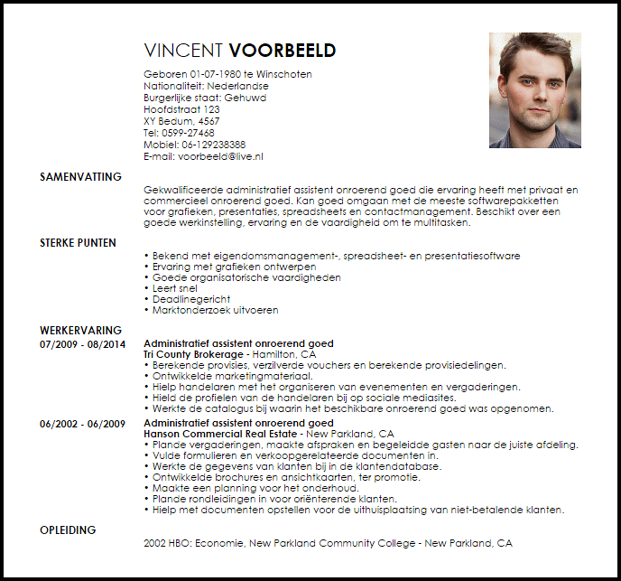 administratief assistent onroerend goed voorbeeld cv