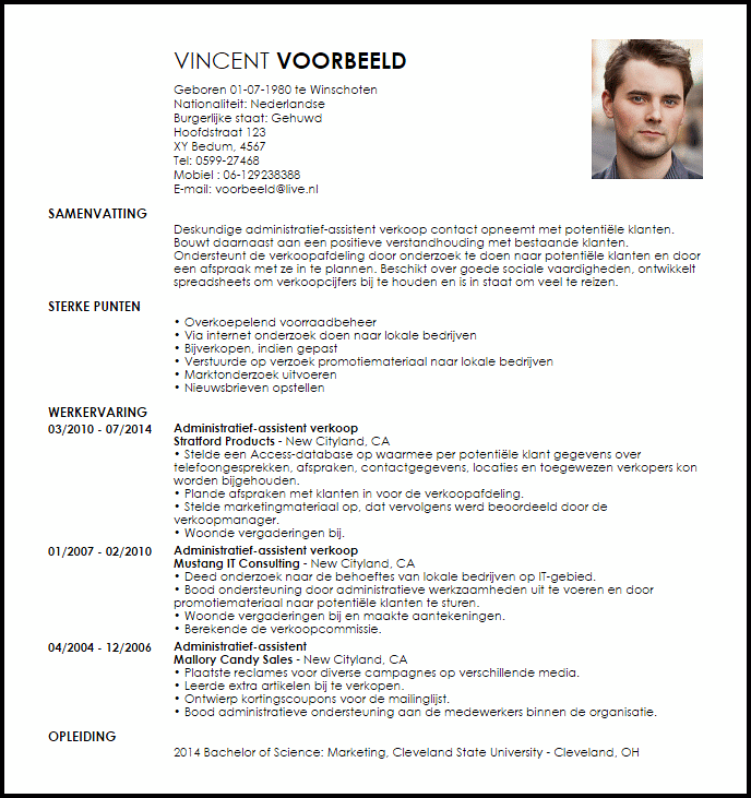 Voorbeeld Cv Administratief Assistent Verkoop Livecareer