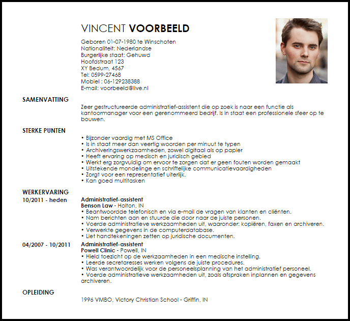 administratief assistent voorbeeld curriculum