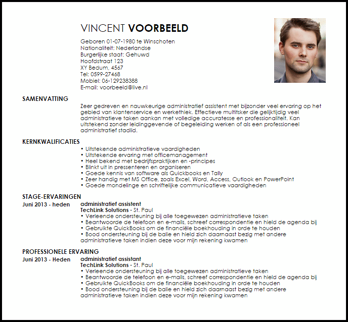 administratief assistent voorbeeld cv