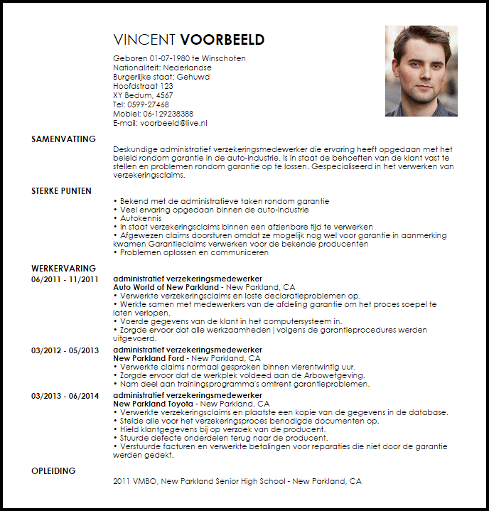 administratief verzekeringsmedewerker voorbeeld cv