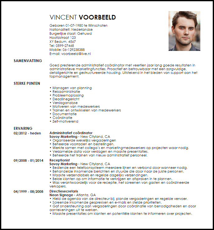 administrative coordinator voorbeeld cv