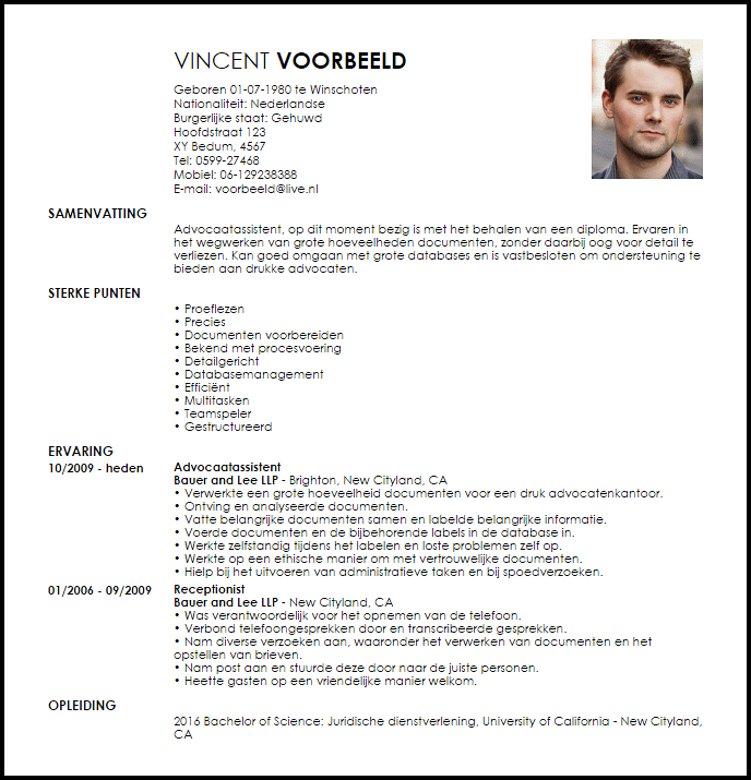 advocaatassistent voorbeeld cv