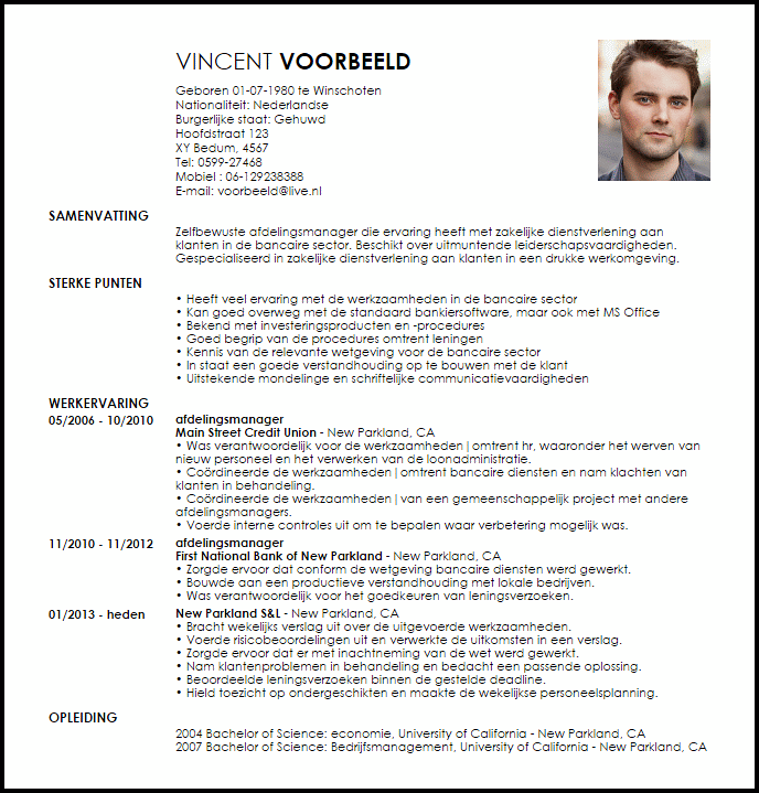 afdelingsmanager voorbeeld cv