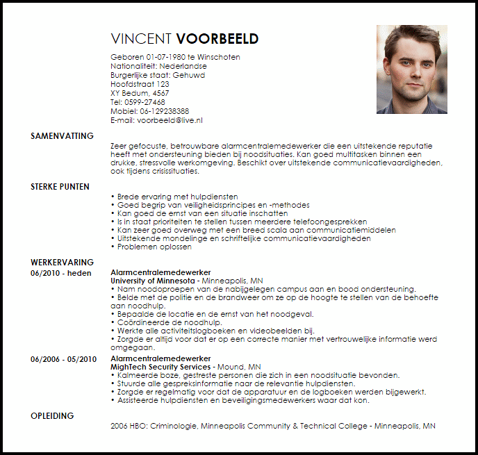 alarmcentralemedewerker voorbeeld cv