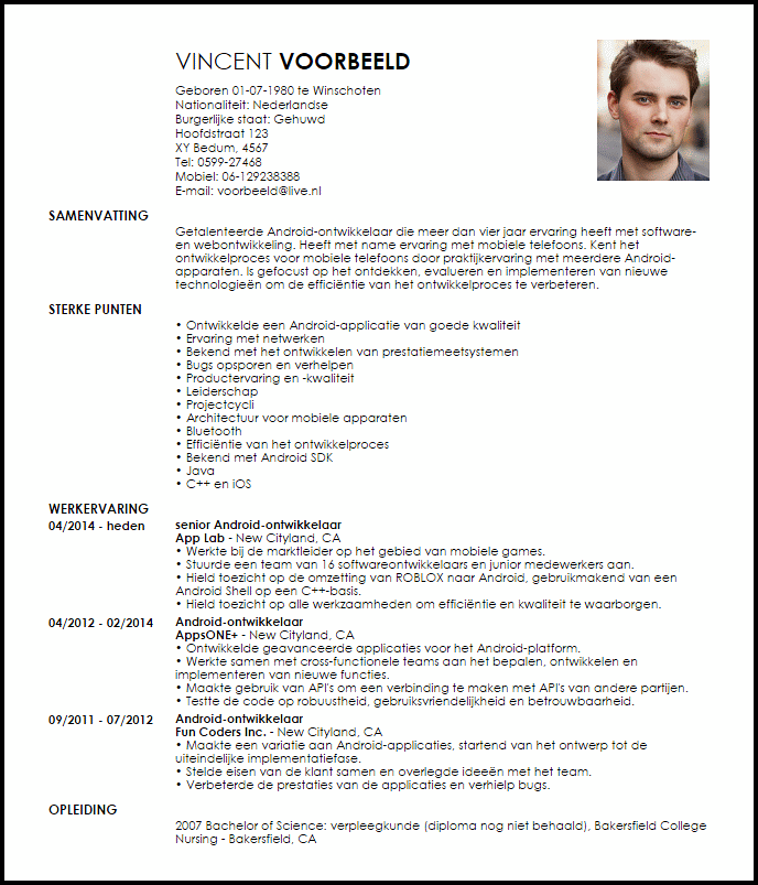 android ontwikkelaar voorbeeld cv