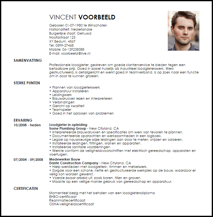 apprentice plumber voorbeeld cv