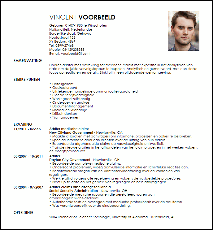 arbiter medische claims voorbeeld cv