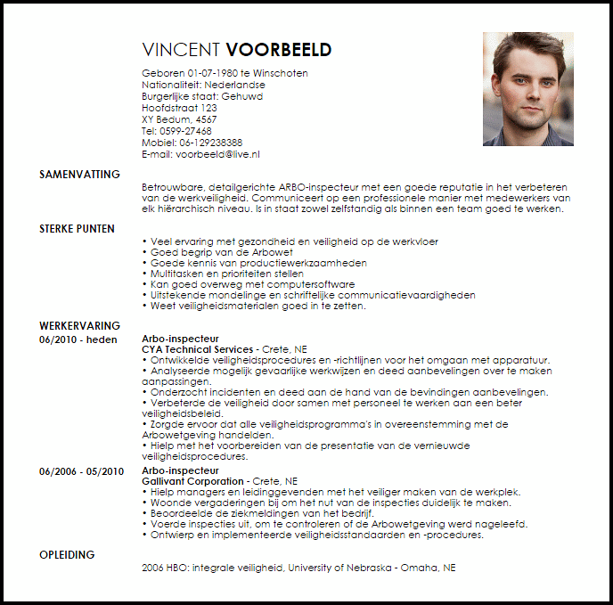 arbo inspecteur voorbeeld cv