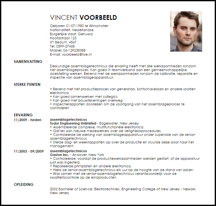 assemblagetechnicus voorbeeld cv