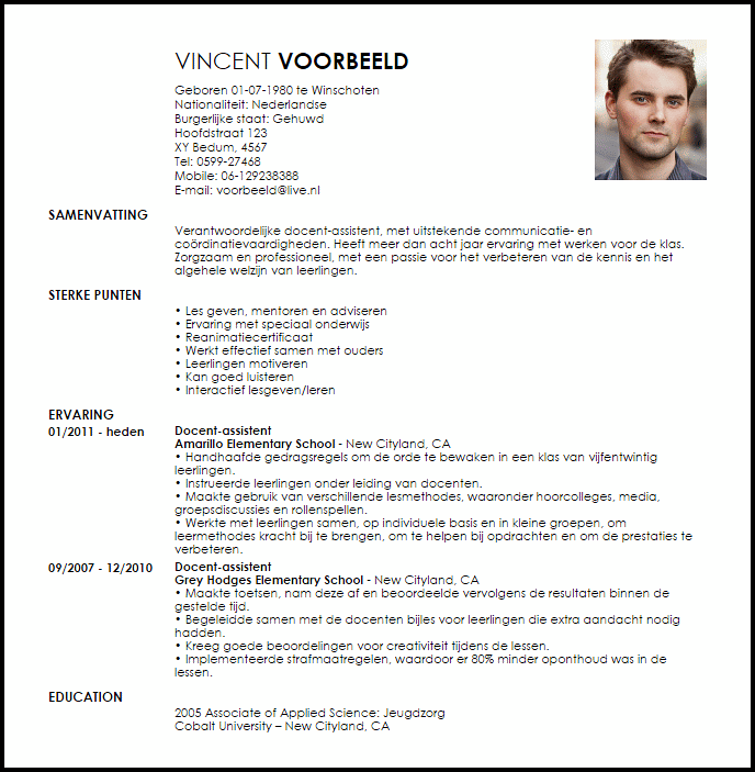 assistant teacher voorbeeld cv