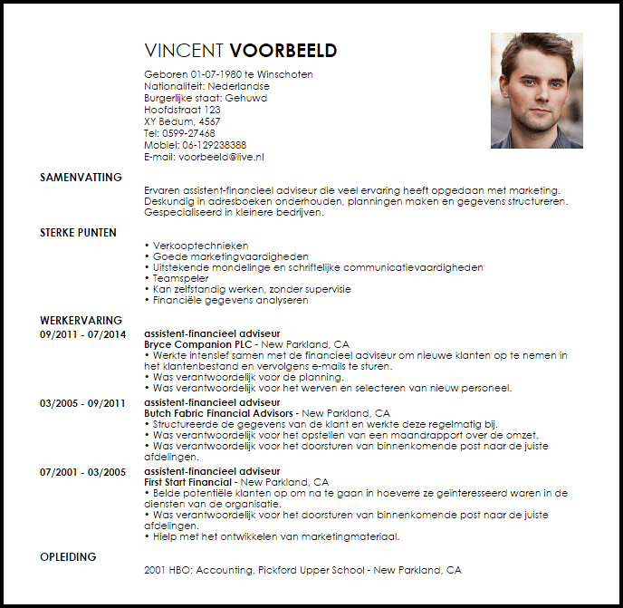 assistent financieel adviseur voorbeeld cv