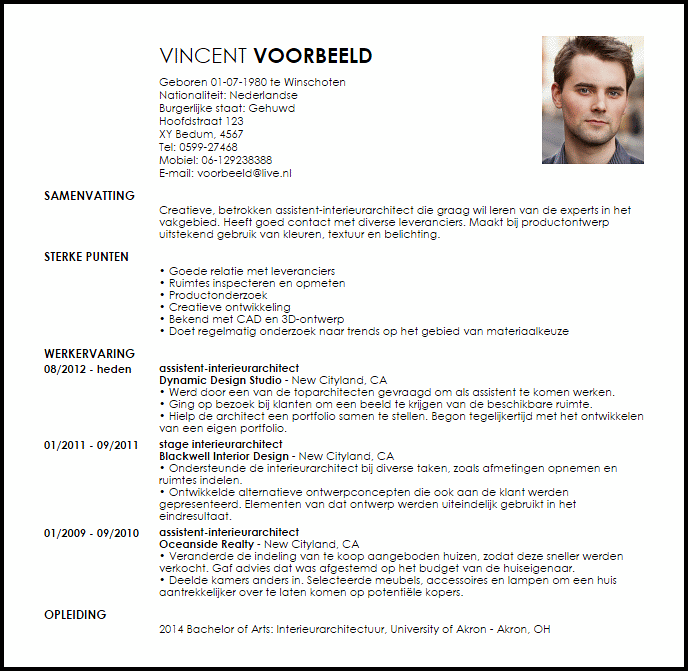 assistent interieurarchitect voorbeeld cv