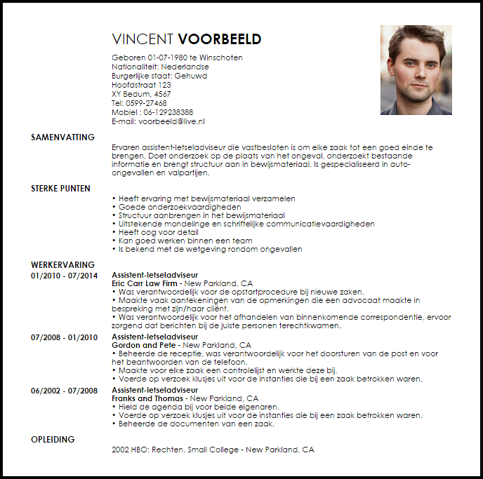 assistent letseladviseur voorbeeld cv