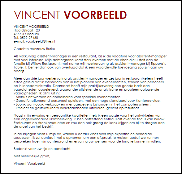 Voorbeeld Sollicitatiebrief Assistent Manager In Een Restaurant Livecareer