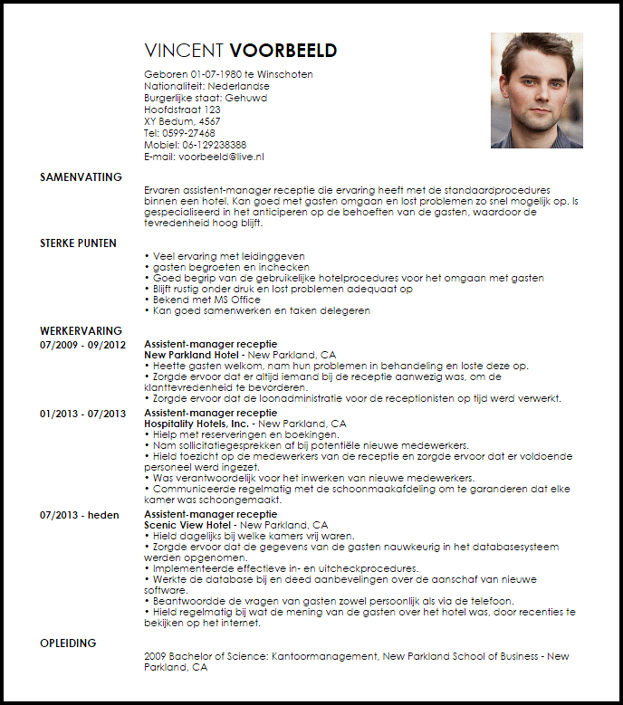 assistent manager receptie voorbeeld cv