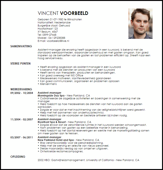 assistent manager voorbeeld cv