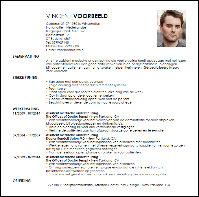 assistent medische ondersteuning voorbeeld cv