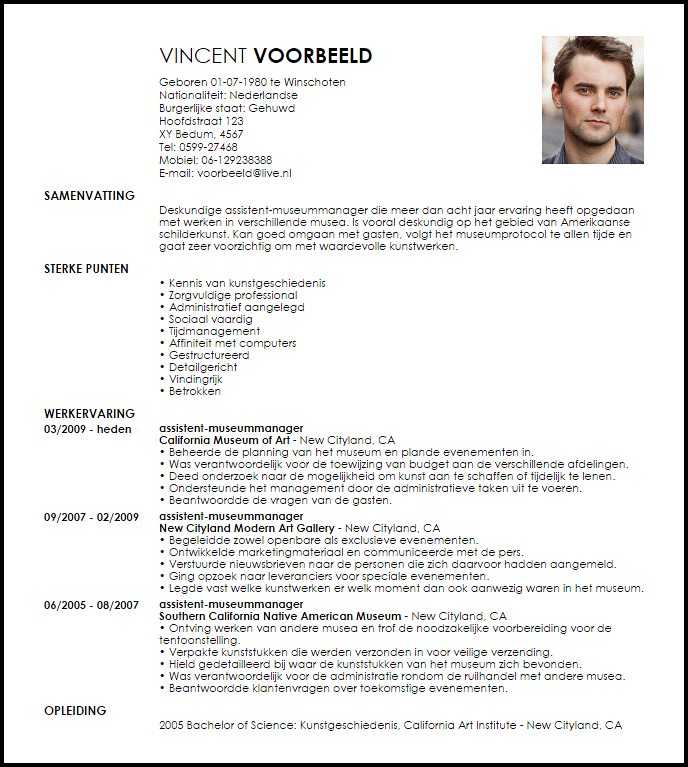 assistent museummanager voorbeeld cv