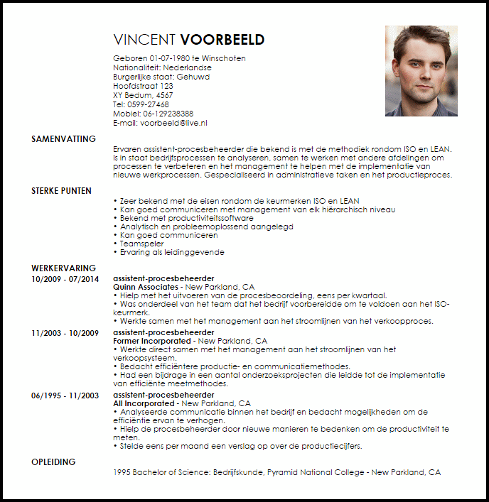 assistent procesbeheerder voorbeeld cv