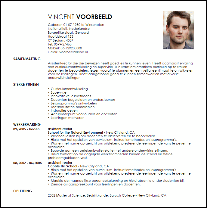 assistent rector voorbeeld cv