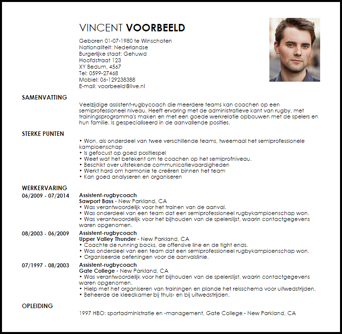 assistent rugbycoach voorbeeld cv