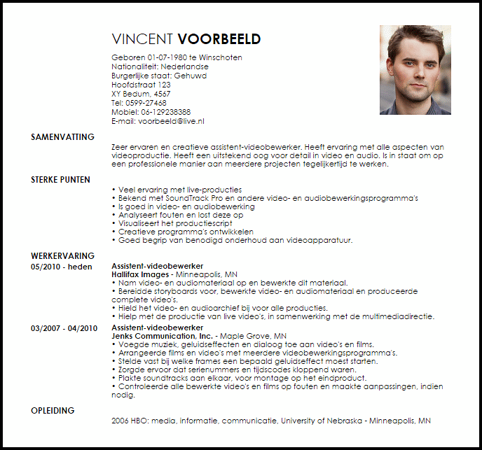 assistent videobewerker voorbeeld cv