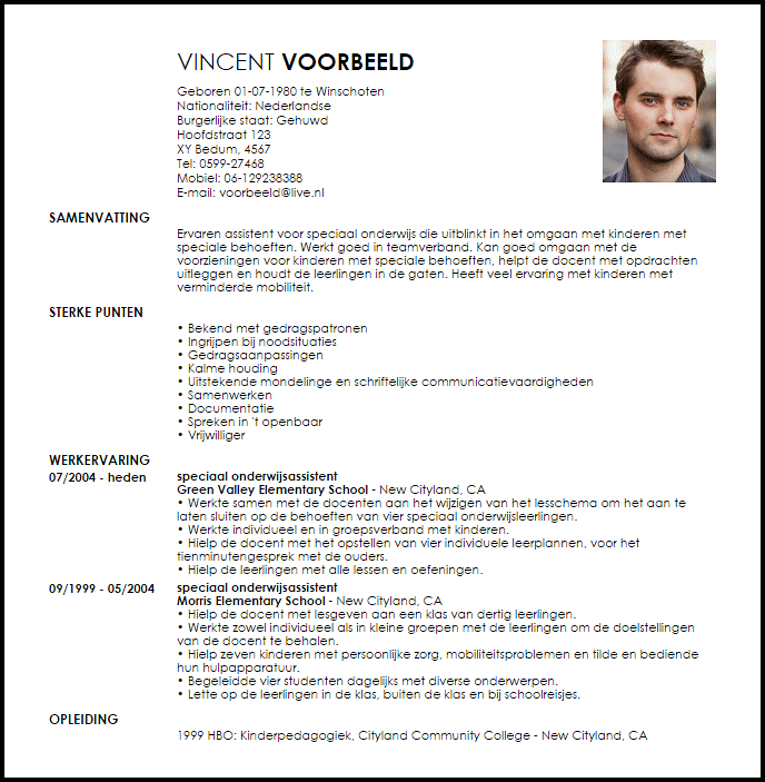 assistent voor speciaal onderwijs voorbeeld cv