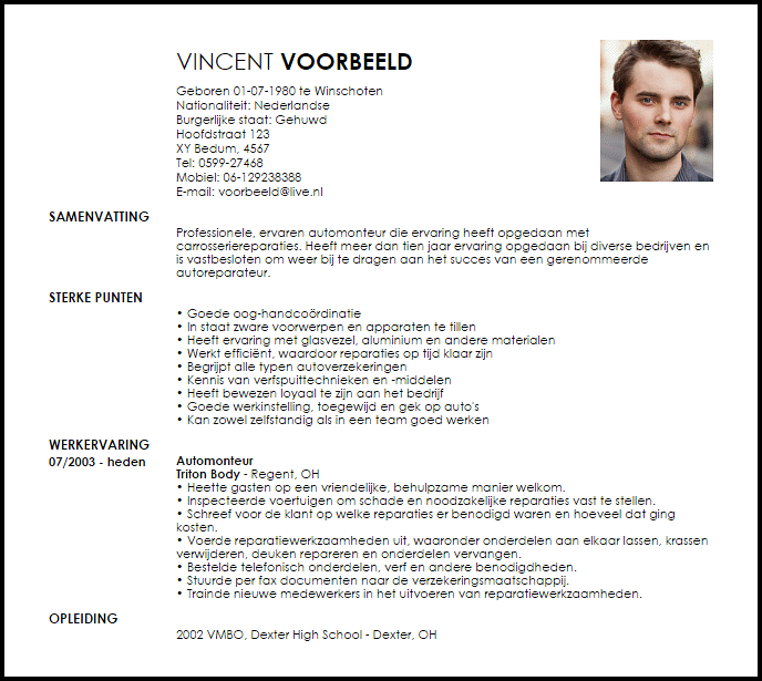 automonteur voorbeeld cv