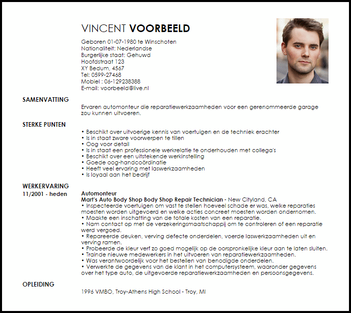 automonteur voorbeeld cv