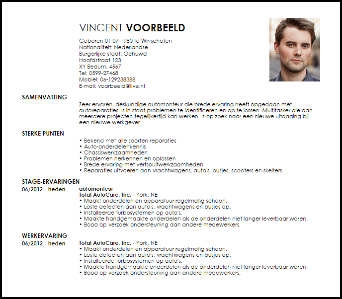 automonteur voorbeeld cv