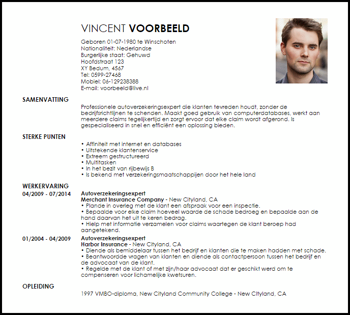 autoverzekeringsexpert voorbeeld cv