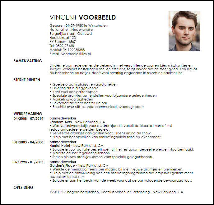 barmedewerker voorbeeld cv