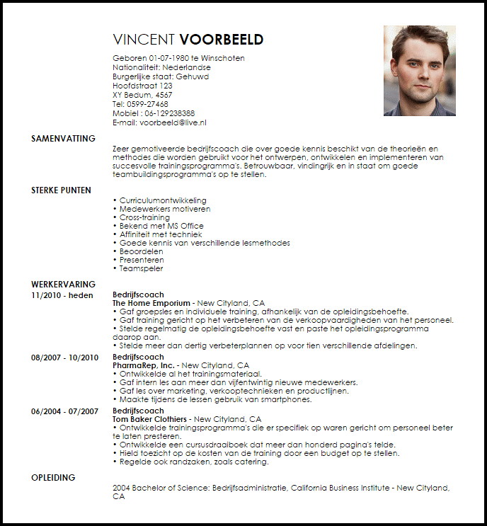 bedrijfscoach voorbeeld cv