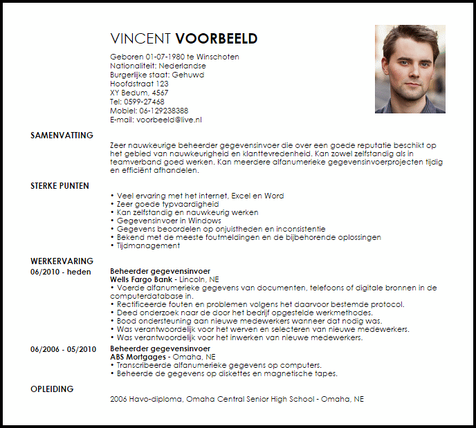 beheerder gegevensinvoer voorbeeld cv