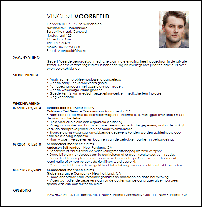 beoordelaar medische claims voorbeeld cv