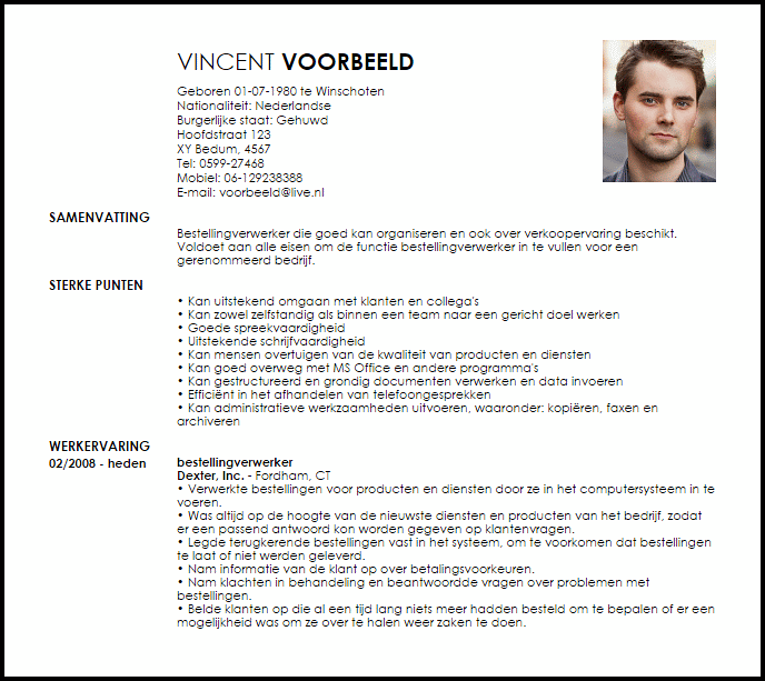 bestellingverwerker voorbeeld cv