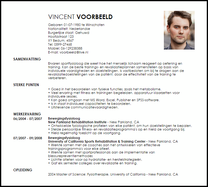 bewegingsfysioloog voorbeeld cv