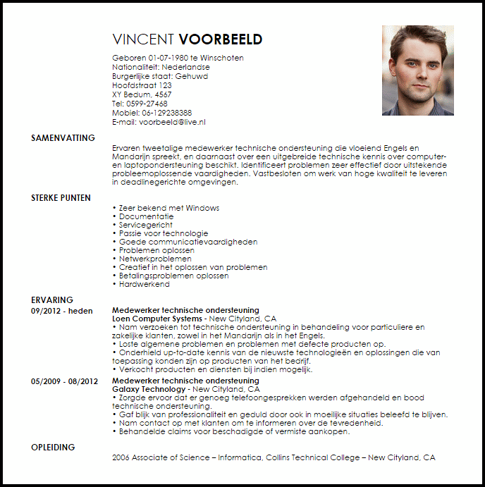 bilingual technical service agent voorbeeld cv