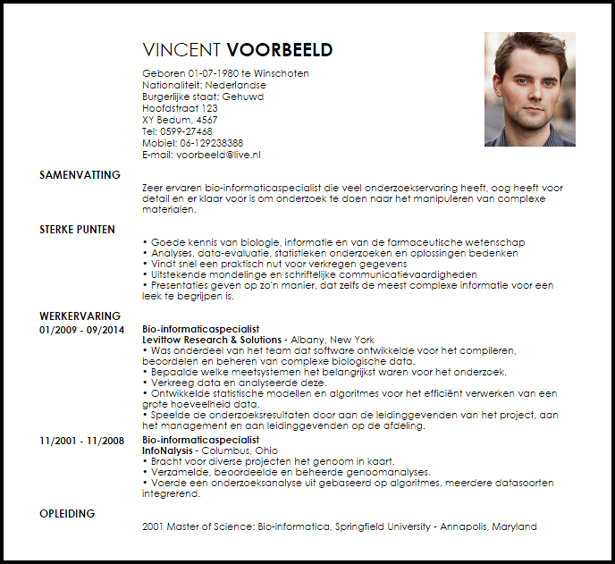 bio informaticaspecialist voorbeeld cv