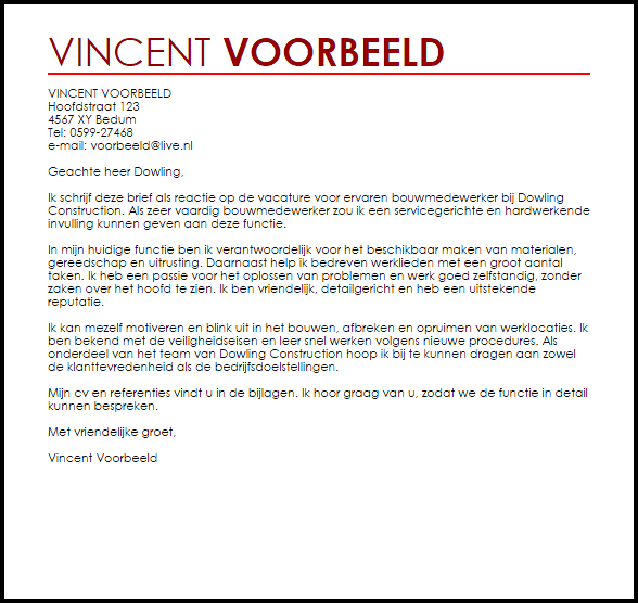 Voorbeeld Sollicitatiebrief Bouwmedewerker Livecareer