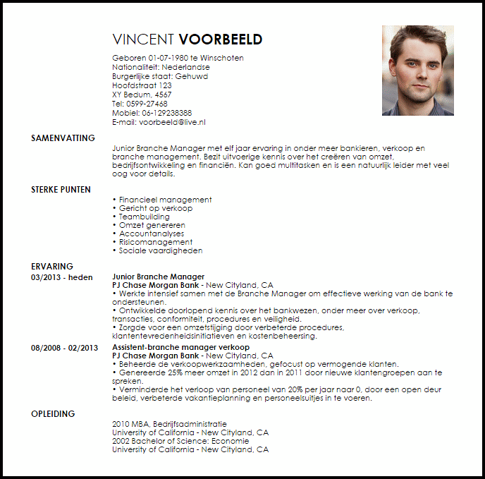 branch manager trainee voorbeeld cv