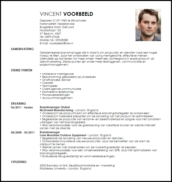 brand manager voorbeeld cv