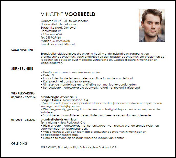 brandveiligheidstechnicus voorbeeld cv