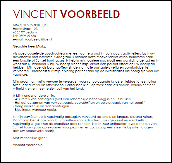 Sollicitatiebrief Buschauffeur Motivatiebrief Vervoer Livecareer