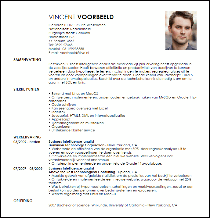 business intelligence analist voorbeeld cv