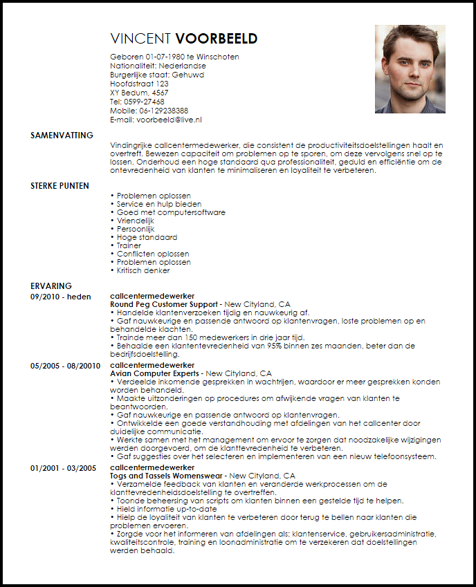 callcenter representative cv voorbeeld cv